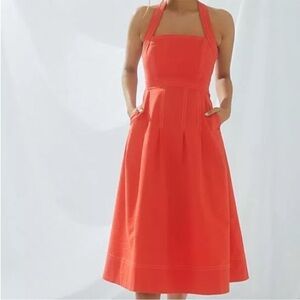 Maeve by Anthropologie textured Red/Orange Cross back dress w/ pockets. MIDI l